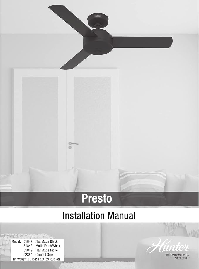 Hunter 44 inch Indoor Ceiling Fan No Light - Modern Ceiling Fan without Light, 3 Blades, Standard Mount, For Bedroom, Living Room, or Kitchen, Wall Control - Presto 52384, Dove Grey