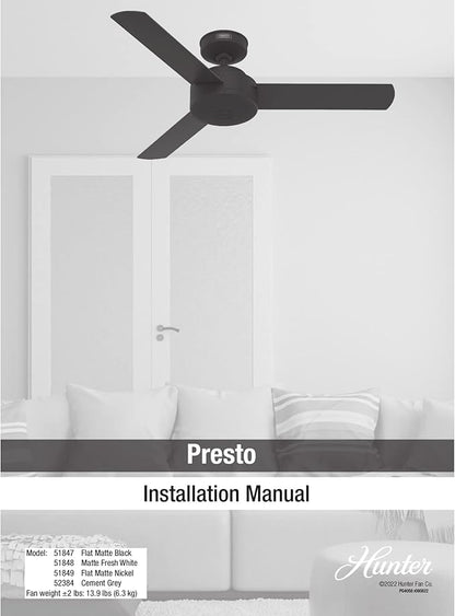 Hunter 44 inch Indoor Ceiling Fan No Light - Modern Ceiling Fan without Light, 3 Blades, Standard Mount, For Bedroom, Living Room, or Kitchen, Wall Control - Presto 52384, Dove Grey