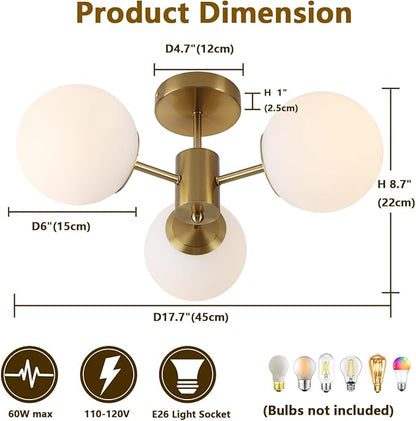 3 Lights Semi Flush Mount Ceiling Light Mid Century Modern Brass Ceiling Light Milk Glass Sputnik Small Chandelier for Bedroom Dinning Room Foyer Hallway