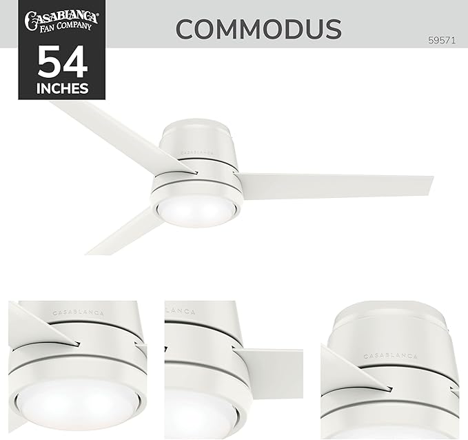 Casablanca 54 inch Indoor Ceiling Fan with LED Light - Low Profile Flush Mount, White Ceiling Fan for Bedroom, Living Room, or Kitchen, Wall Control, 3 Blades - Commodus 59571, Fresh White