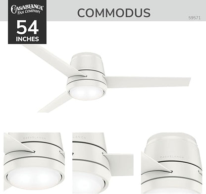 Casablanca 54 inch Indoor Ceiling Fan with LED Light - Low Profile Flush Mount, White Ceiling Fan for Bedroom, Living Room, or Kitchen, Wall Control, 3 Blades - Commodus 59571, Fresh White
