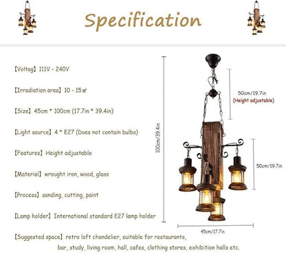 Wood Retro Pendant Lighting Industrial Vintage Chandelier Black Metal Bedroom Restaurant Suspension Lamp Cage Frame with Glass Shade House Loft Bar Coffee Decoration Ceiling Lights Fitting, E27