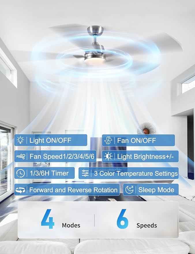 Rayqueen 60 Inch Ceiling Fans with Lights and Remote, 6 Speed Reversible DC Motor, 3CCT Dimmable LED, Modern Brushed Nickel Ceiling Fan for Bedroom, Living room & Covered Outdoor,Includes Downrod