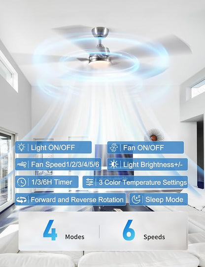 Rayqueen 60 Inch Ceiling Fans with Lights and Remote, 6 Speed Reversible DC Motor, 3CCT Dimmable LED, Modern Brushed Nickel Ceiling Fan for Bedroom, Living room & Covered Outdoor,Includes Downrod