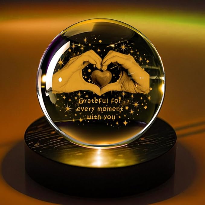 3D Heart Hand Crystal Ball Grateful Gifts for Women Mom Wife, Engraved Heart Hands 2.36" Glass Sphere Night Light for Mothers Day Gift Boyfriend Girlfriend Anniversary