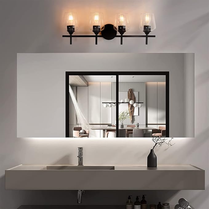 4-Light Bathroom Light Fixtures, Matte Black Vanity Lights with Clear Glass Shades, Modern Wall Lights for Mirror Kitchen Living Room Hallway Cabinet Porch