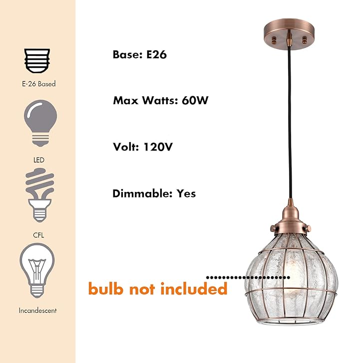 YUBOLE Glass Pendant Light Red Antique Copper Dimmable Kitchen Hanging Light Fixture Cracked Glass Shade Lighting for Dining Table Foyer Bedroom
