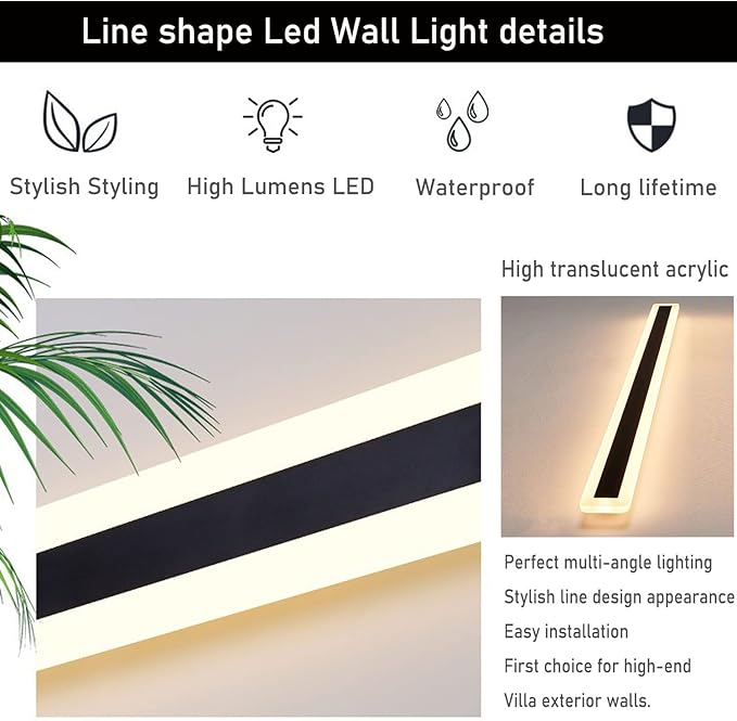 2 Pack-79INCH Long Outdoor LED Wall Lights,65W Waterproof IP65 Warm White led Wall Light Rectangular Black Wall Light,led Porch Lights Outdoor Wall Elegant Frosted White Acrylic Anti Rust
