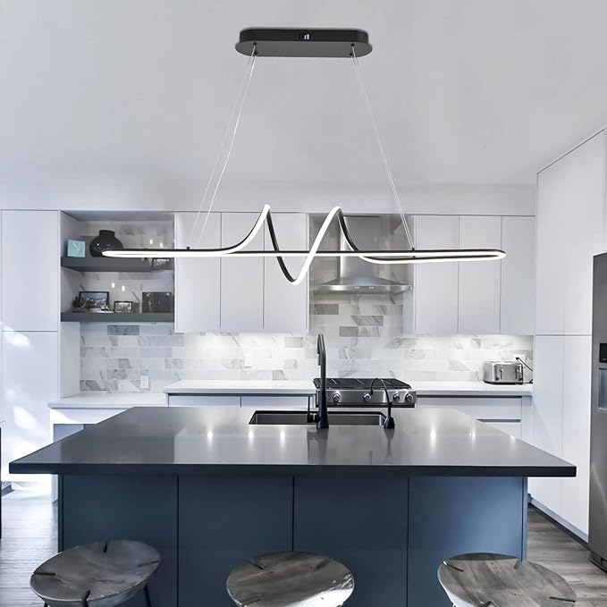 Black Modern Chandelier, 43.30" Large Modern Led Pendant Light for Kitchen Island with Remote,Dimmable Led Chandelier for Dining Room Adjustable Height Ceiling Hanging