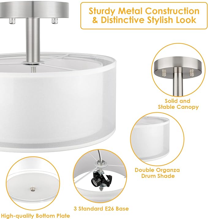 FOLKSMATE 3-Light Semi Flush Mount Ceiling Light Fixture, 16 Inch Drum Light with Double Fabric Shade, Modern Close to Ceiling Lamps for Dining Room Kitchen