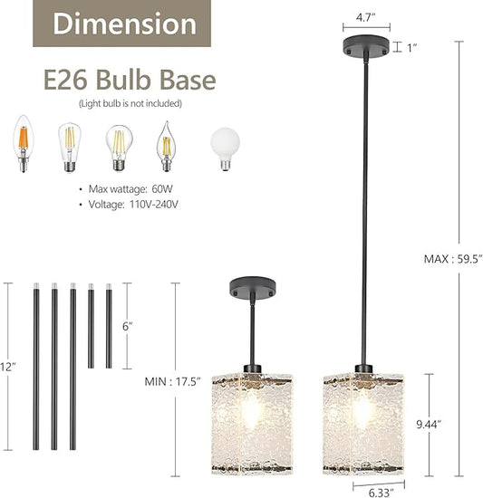 Water Ripple Glass Pendant Lights Black Pendant Lights Kitchen Island Adjustable Modern Hanging Pendant Light Fixtures for Sink Kitchen Dining Room Foyer Entryway, 1 Pack