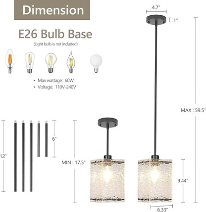 Water Ripple Glass Pendant Lights Black Pendant Lights Kitchen Island Adjustable Modern Hanging Pendant Light Fixtures for Sink Kitchen Dining Room Foyer Entryway, 2 Pack