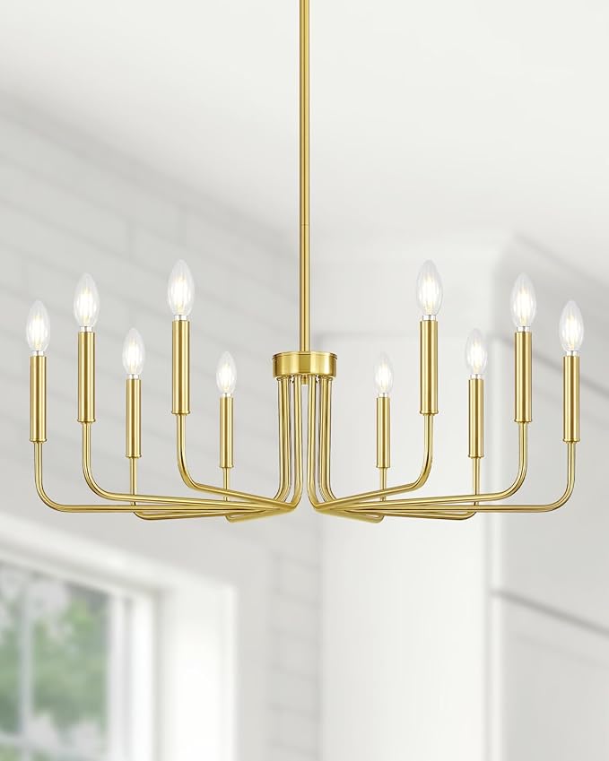 Yunnix 10 Light Gold Chandelier, 33" Extra Large Modern Gold Farmhouse Hanging Fixture - Vintage Brushed Gold Dining Room Light for Kitchen Island, Living Room, Hall, Foyer