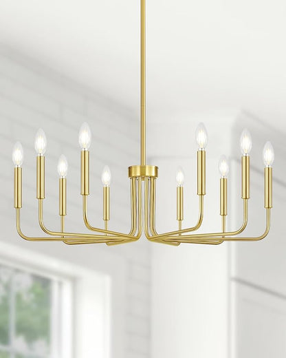 Yunnix 10 Light Gold Chandelier, 33" Extra Large Modern Gold Farmhouse Hanging Fixture - Vintage Brushed Gold Dining Room Light for Kitchen Island, Living Room, Hall, Foyer