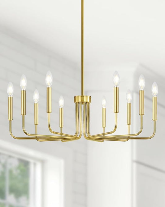 Yunnix 10 Light Gold Chandelier, 33" Extra Large Modern Gold Farmhouse Hanging Fixture - Vintage Brushed Gold Dining Room Light for Kitchen Island, Living Room, Hall, Foyer