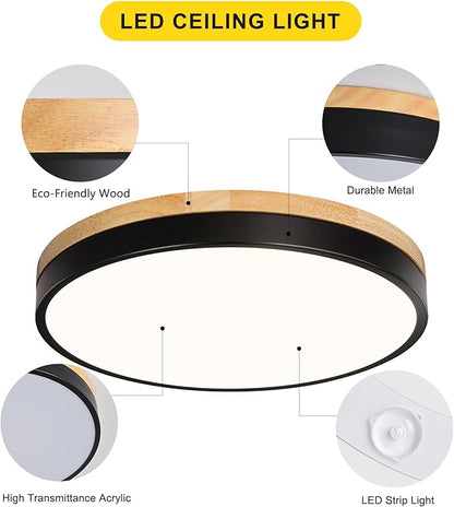 Modern Wood Black Flush Mount Ceiling Light, 11.81" Round LED Low Profile Close to Ceiling Fixture for Kitchen Bedroom Bathroom Laundry Hallway Entryway Closet Living Room