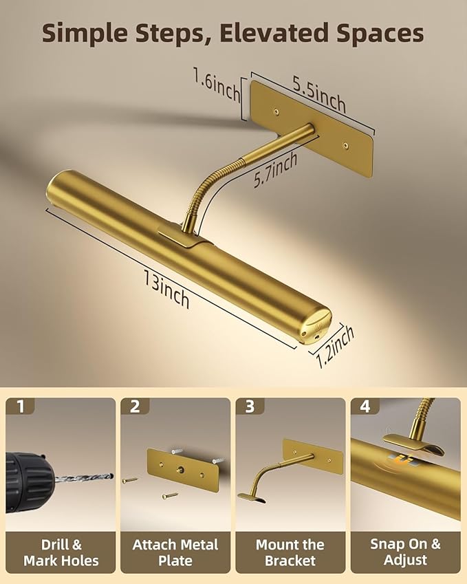 EZVALO 13in Wireless Picture Lights, 4000mAh Rechargeable Art Light with Remote, Dimmable 3 Color Temps, Battery Operated Wall Light for Living Room, Gallery, Painting (Gold, 3 Pack)