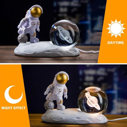 3D Astronaut Crystal Ball Night Light, 3D Inner Carved Crystal Ball Night Lamp, Glowing Crystal Ball with LED Light Base, Color Changing Light & Kids Birthday Gift (Blue, Saturn)
