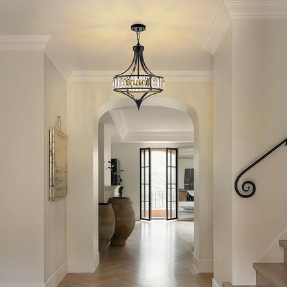 Black Crystal Chandeliers for Dining Room, 15.7" Modern Farmhouse Foyer Chandelier for Entryway, 4-Light Pendant Light Fixtures Over Table for Kitchen Island Bathroom Living Room Bedroom