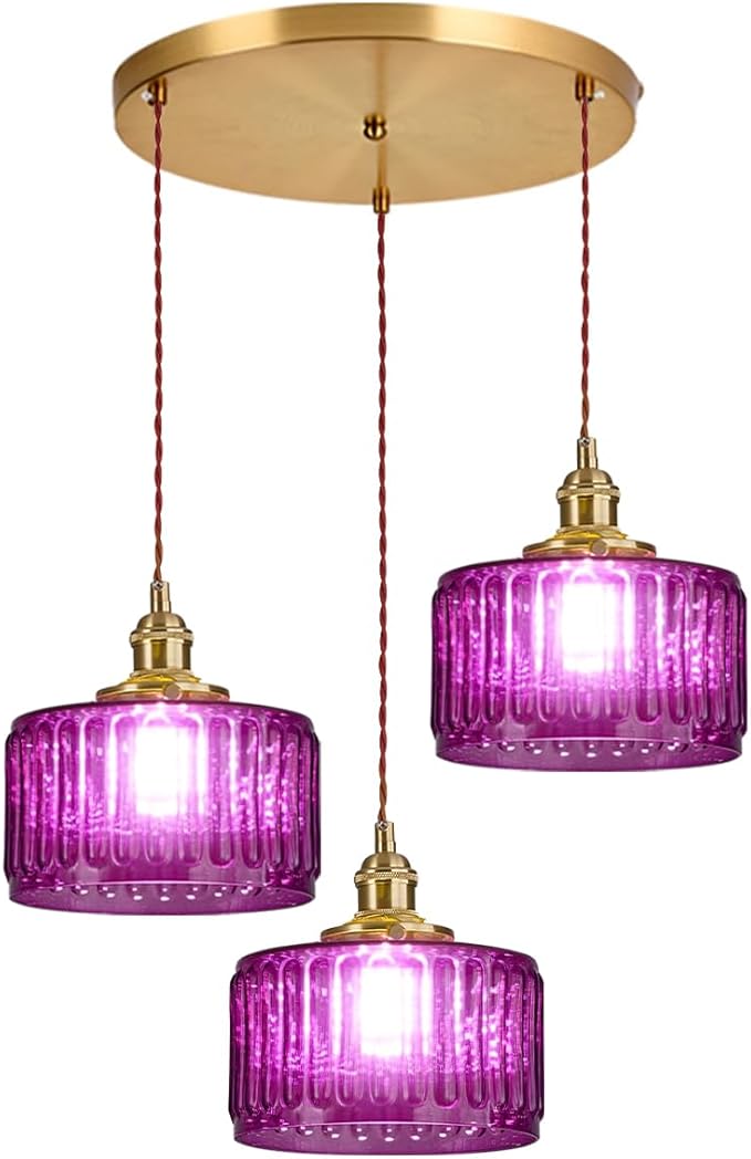 3-Light Glass Globe Chandelier Kitchen Island Mid Century Modern Ceiling Pendant Light Purple Striped Shade Gold Hanging Lights Fixture Multi Light Cluster Chandeliers Dining Room