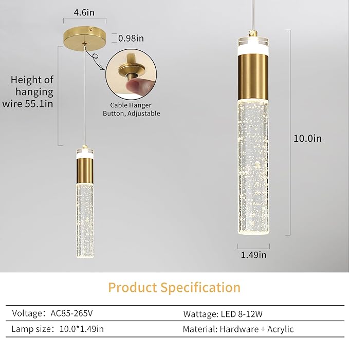 2 Pack Modern Kitchen Island Pendant Lights, Gold Bubble Crystal Ceiling Hanging Light, 3 Color 2700K/4500K/6500K, Mini Linear LED Chandelier Lighting for Dining Room, Bedroom, Bar, Hallway, Bedside