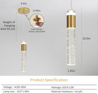 2 Pack Modern Kitchen Island Pendant Lights, Gold Bubble Crystal Ceiling Hanging Light, 3 Color 2700K/4500K/6500K, Mini Linear LED Chandelier Lighting for Dining Room, Bedroom, Bar, Hallway, Bedside