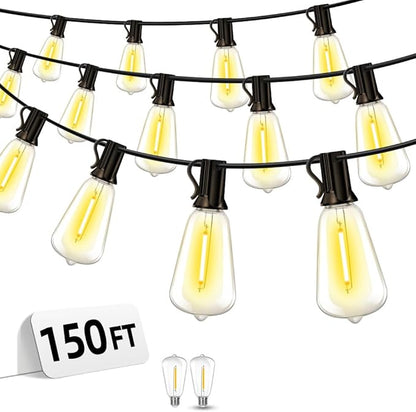 Outdoor Patio String Lights 150ft: ST38 LED Shatterproof Bulbs 3 Modes Button Control - Waterproof Connectable Lights - Wedding Bistro Party Gazebo Backyard Decorative