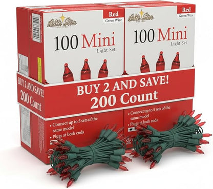 Brite Star 100 Count Mini String Christmas Lights, Red - 22 feet Indoor/Outdoor Christmas Tree Lights with Green Wire (Set of 2)