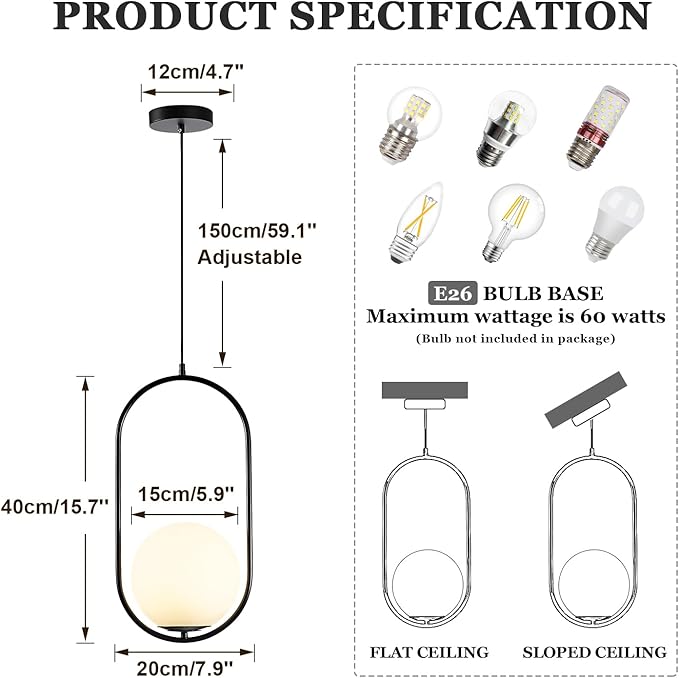 Modern Black Pendant Light, Bedside Matte Pendant Lights with White Glass Shade, Large Globe Ceiling Light for Kitchen Island Bedroom