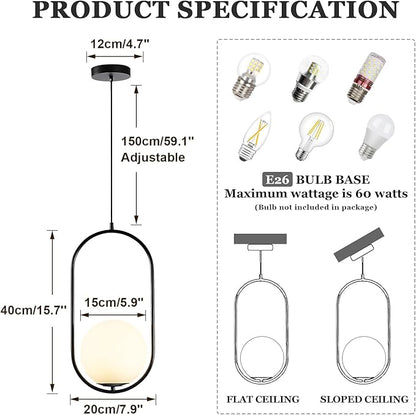 Modern Black Pendant Light, Bedside Matte Pendant Lights with White Glass Shade, Large Globe Ceiling Light for Kitchen Island Bedroom