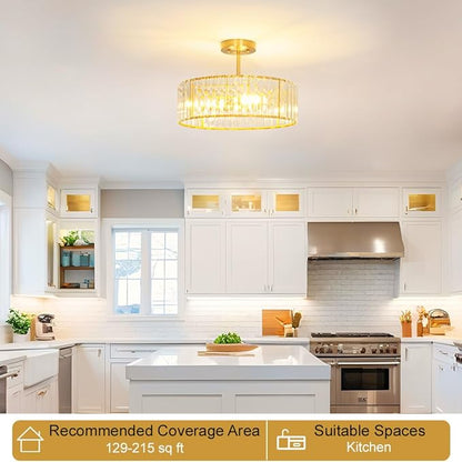 Modern Crystal Ceiling Light Fixture, Semi Flush Mount Ceiling Light, Brushed Brass Hallway Lighting Fixtures Chandelier, Crystal Chandelier for Kitchen Bedroom Dining Room Closet, 5-Light, 16 Inch