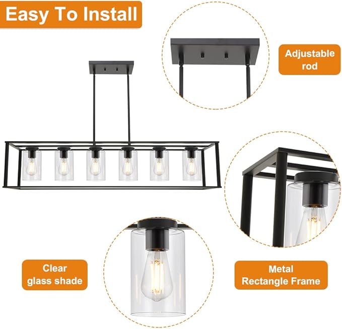 6-Light Chandeliers Black Finished Farmhouse Dining Room Lighting Fixtures Hanging Industrial Modern Kitchen Island Pendant Lighting with Clear Glass Ceiling Lights for Restaurant Bar Hotel