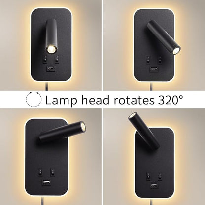 Wall Mounted LED Reading Light for Bed Headboard, Bedside Wall Sconces USB Charging, Night Light for Bedroom, Ambient Lighting Wall Mounted Sconce for Bedroom, Plug-in or Hardwired, Black