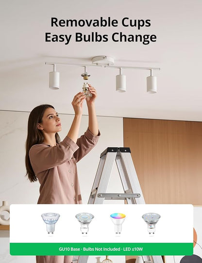Bojim Track Lighting Fixtures Ceiling Mount for Kitchen, White 4 Way LED Spot Lights Indoor, Flexible Modern Track Light GU10 Socket for Studio, Bulbs Not Included