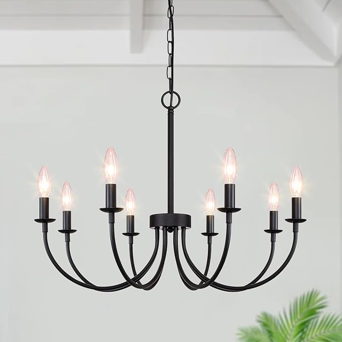 8-Light Black Chandelier, 26“ Farmhouse Chandelier for Dining Room Lighting Fixtures Hanging, Rustic Candle Modern Chandeliers for Living Room Bedroom Foyer Kitchen(Frosted Black)