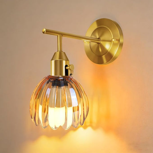 Vintage Wall Sconces with Cute Amber Tulip Glass Lampshade, Brass Sconces Hradwired Modern Wall Mounted Light Fixtures with Switch for Bedside Bedroom Living Room Wall Decor