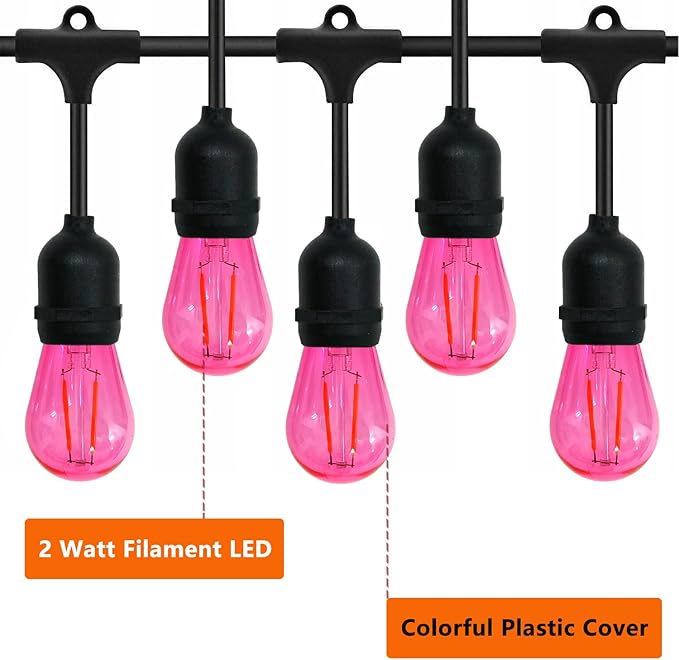 15 Pack S14 LED String Light Bulbs, Shatterproof 2 Watt Pink Replacement Bulbs for Outdoor String Light, Waterproof Decorative E26 Base Pink Filament Edison Christmas Light Bulbs, 120V