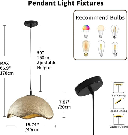 JAYMP 15.7" Modern Pendant Light for Dining Room Kitchen Island Light Hanging Lamp E26 Base Japanese Wabi-Sabi Style Bird Nest Shape Lighting Fixture, 1 Pack (Matte Gold,D Shape, 40cm/15.7inch)