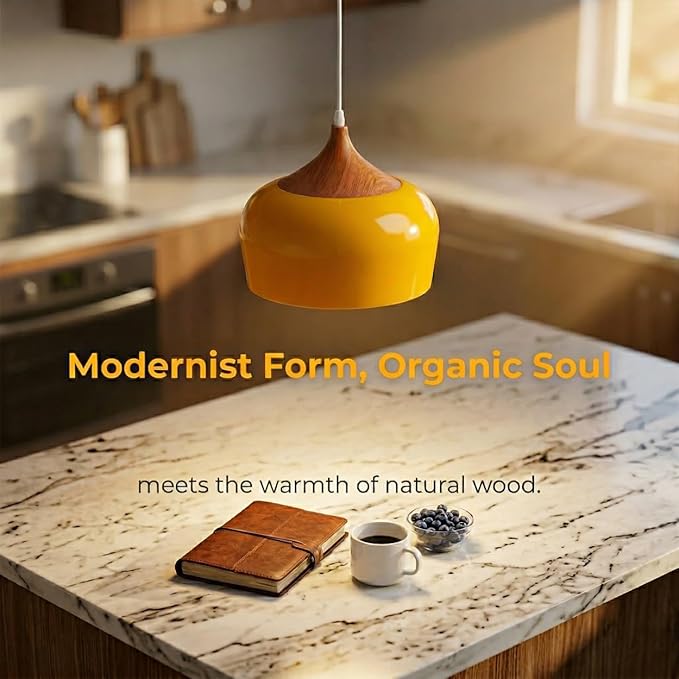 Modern Pendant Light Fxtures Kitchen, Hanging Light Fixtures Ceiling Mount, Wood Metal Shade Pendant Lamp for Dining Room, Bedroom, Living Room, Bathroom, Entryway, Small Chandelier, Glossy Yellow