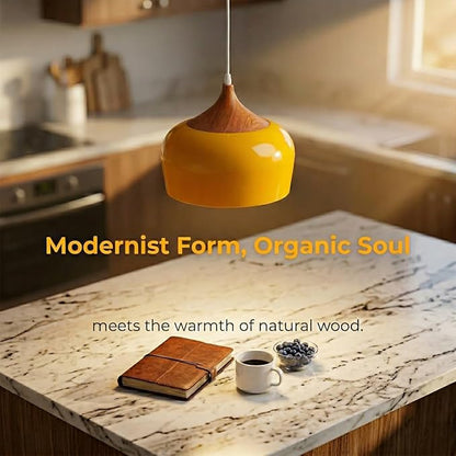 Modern Pendant Light Fxtures Kitchen, Hanging Light Fixtures Ceiling Mount, Wood Metal Shade Pendant Lamp for Dining Room, Bedroom, Living Room, Bathroom, Entryway, Small Chandelier, Glossy Yellow