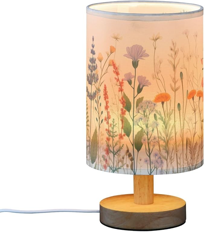 Bedside Table Lamp Colorful Herbs Wild Flowers Nightstand Lamp with Wood Desk Lamps for Bedroom Living Room Nursery Office Home Decor