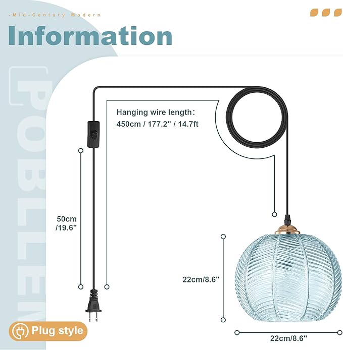 Blue Glass Plug in Pendant Light for Bathroom, Ceiling Light with 14.76ft Long Cord, Kitchen Corded Light Fixture, 8.7" Ribbed Globe, Living Room Corner Hanging Lamp that Plug into Wall Outlet