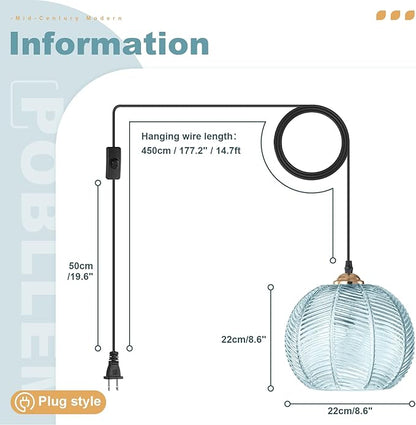 Blue Glass Plug in Pendant Light for Bathroom, Ceiling Light with 14.76ft Long Cord, Kitchen Corded Light Fixture, 8.7" Ribbed Globe, Living Room Corner Hanging Lamp that Plug into Wall Outlet