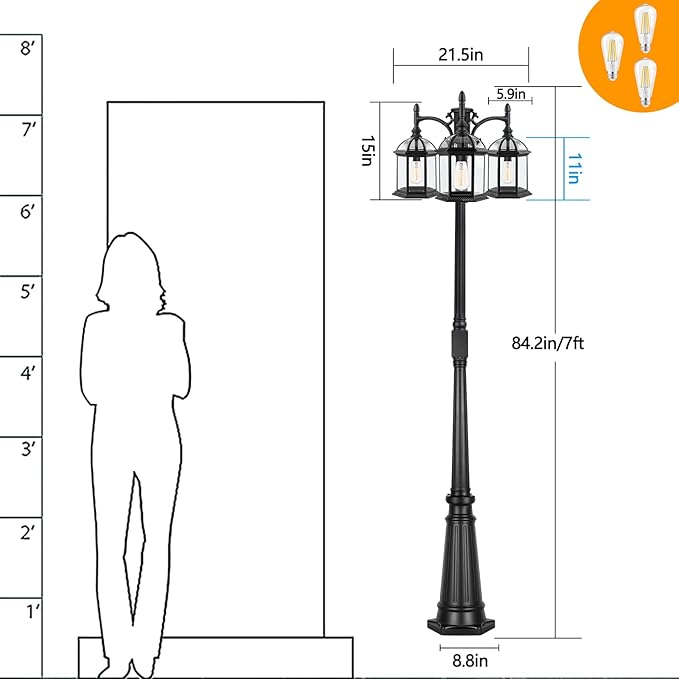 Dusk to Dawn Outdoor Lamp Post Light with GFCI Outlet, Triple Head Aluminum Street Light Post for Outside with Sensor, Waterproof Birdcage Pole Lighting Fixture for Backyard Garden Patio Driveway