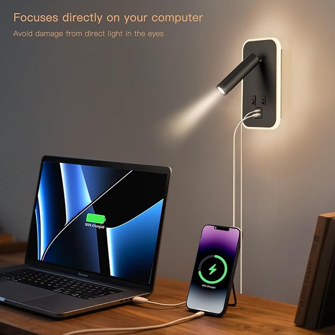 Bed Reading Light, Wall Mounted Reading Fixture with USB C+A Ports, Adjustable Headboard Sconces, Plug-in or Hardwired Bedside Lamp, Modern Black 10W+3W 3000K Warm Ambient lighting for Bedroom