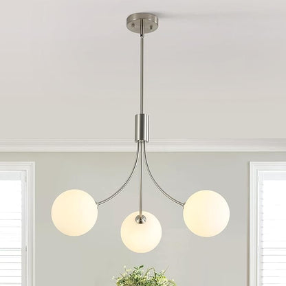 CNRATYE 3-Light Brushed Nickel Chandelier Milk Globe Glass Pendant Lights Kitchen Island, Modern Sputnik Globe Chandeliers for Dining Room Entryway Hallway Foyer Bedroom Office Bathroom