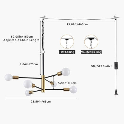Plug in Chandelier Lighting with Long Cord, 6 Lights Modern Hanging Lights with Plug in Cord 15.09ft&On/Off Switch, Hanging Lamp Plug in Pendant Light Fixture for Dining Room Bedroom Kitchen
