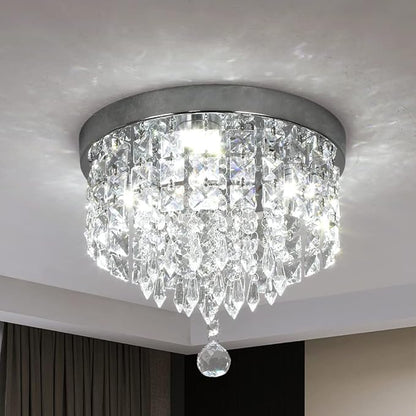 Deckrico Crystal Chandelier Modern Led Ceiling Light Flush Mount Stainless Steel Fixture Beaded Light Shade for Bedroom Dining Room Hallway Porch (White Light)