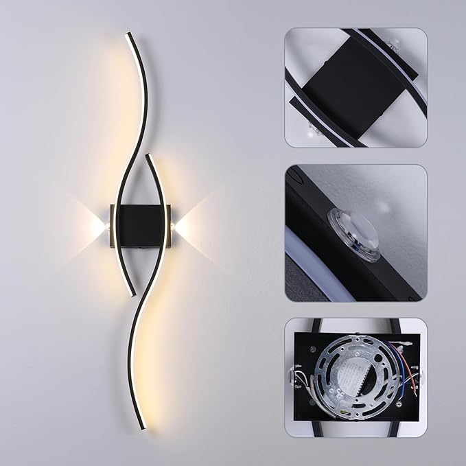 Modern Wall Sconce Set of Two, Dimmable Wall Sconces Lighting with Remote Control, Big Size LED Black Wall Light for Living Room Bedroom Hallway