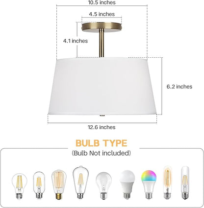CALOKES Modern Cone-Shaped Semi Flush Mount Ceiling Light Fixture, 3-Light Drum Lamp with Gold Brass Finish and White Fabric Shade for Bedroom, Kitchen, Dining Room, Hallway, Entryway, and Foyer